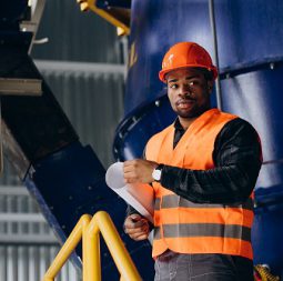 African american worker standing in uniform wearing a safety hat in a factory